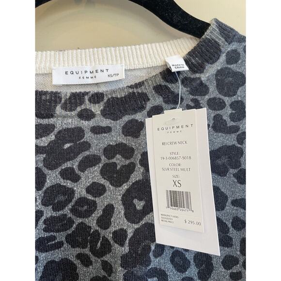 Equipment REI Crew Neck Leopard Print Sweater Black Gray Cotton Cashmere XS‎ NWT - Picture 4 of 8